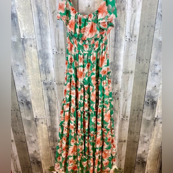 Lulus Chance For Us Green Floral Off-the-Shoulder Ruffled Maxi Dress Size Large. - Picture 7 of 16
